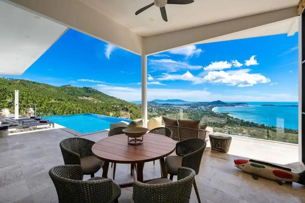 Outdoor patio area of Luxury Blue Coco Villa with swimming pool and sea view