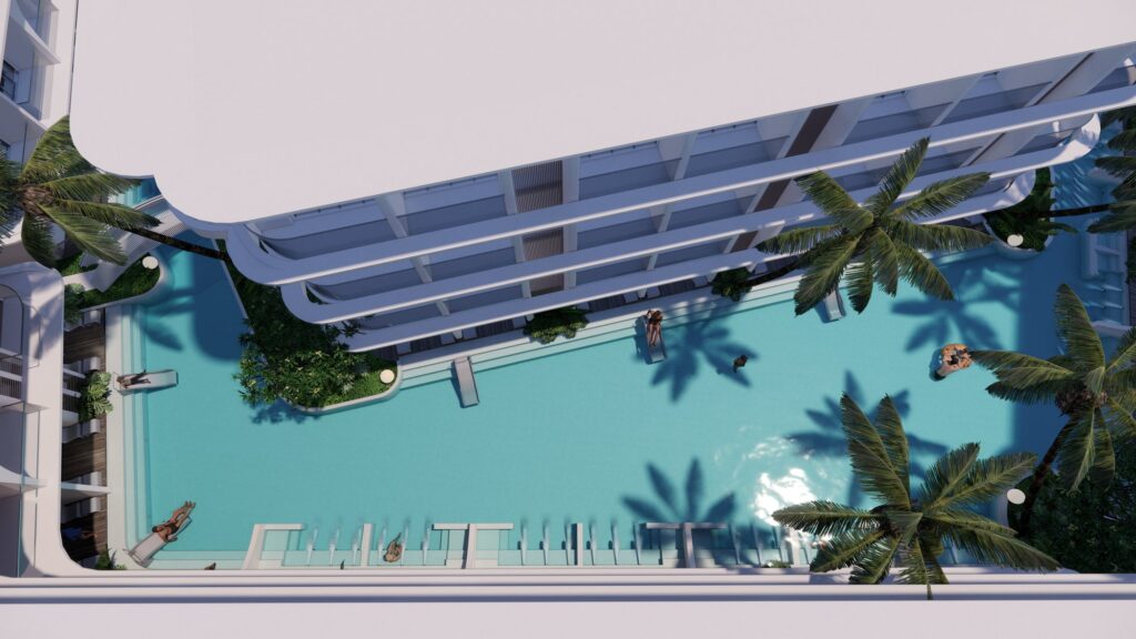 Lagoon-style pool from above – Bangrak Beachside Condominiums, Koh Samui