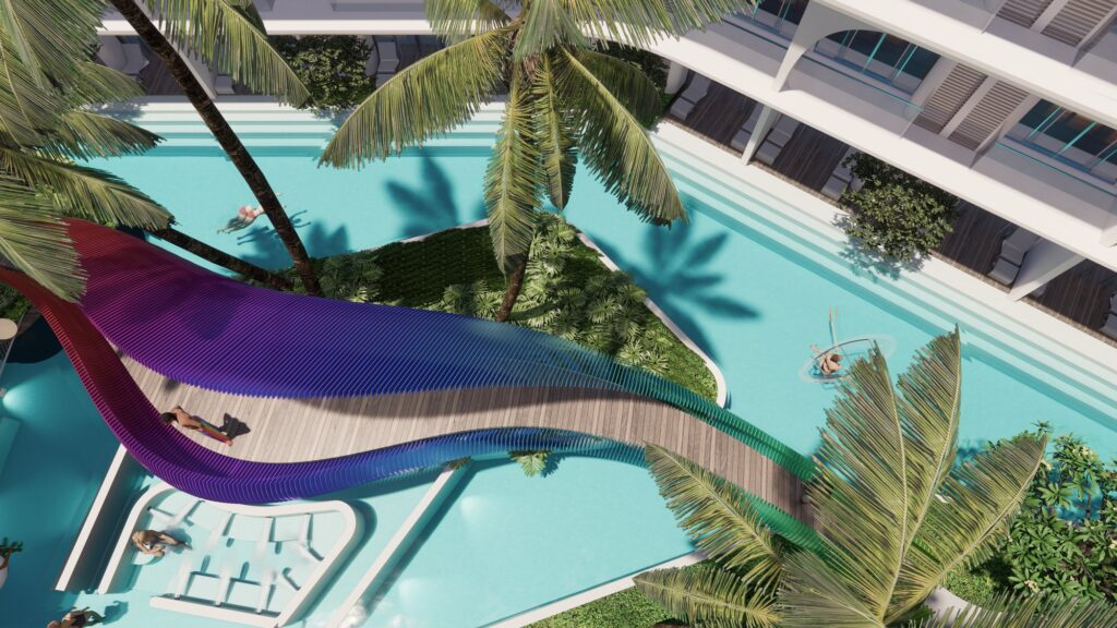 Pool with slide, aerial view – Bangrak Beachside Condominiums, Koh Samui