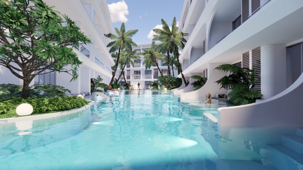 Pool corridor between the blocks – Bangrak Beachside Condominiums, Koh Samui
