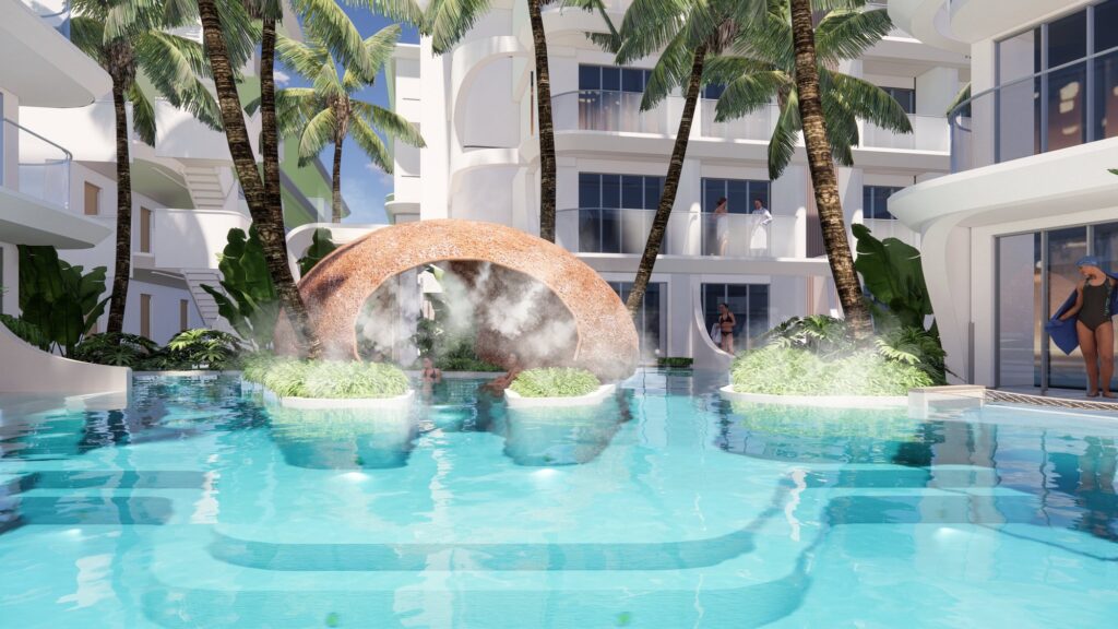 Pool garden with fountain – Bangrak Beachside Condominiums, Koh Samui