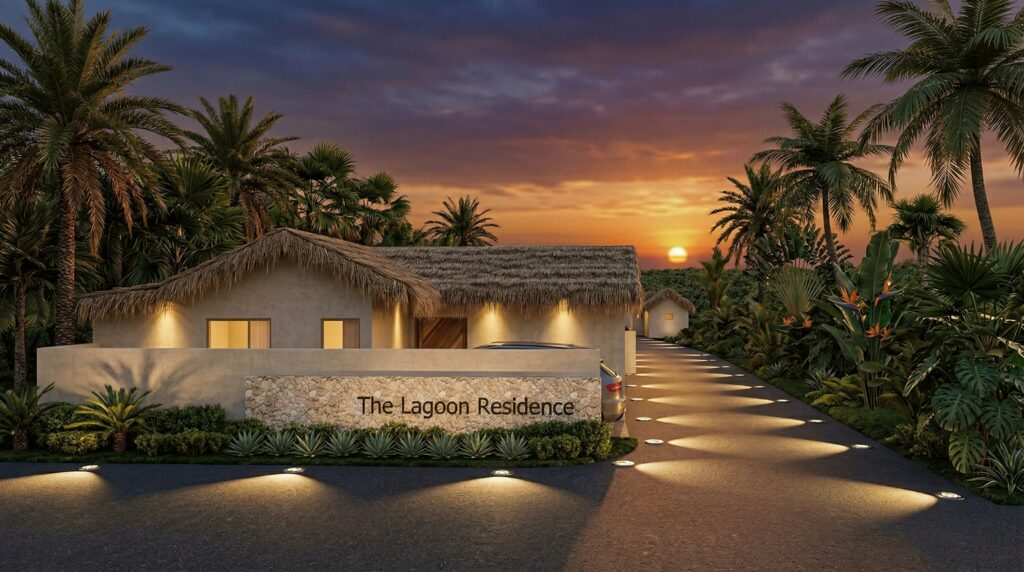 Entrance at dusk, render – The Lagoon Residence, Koh Samui